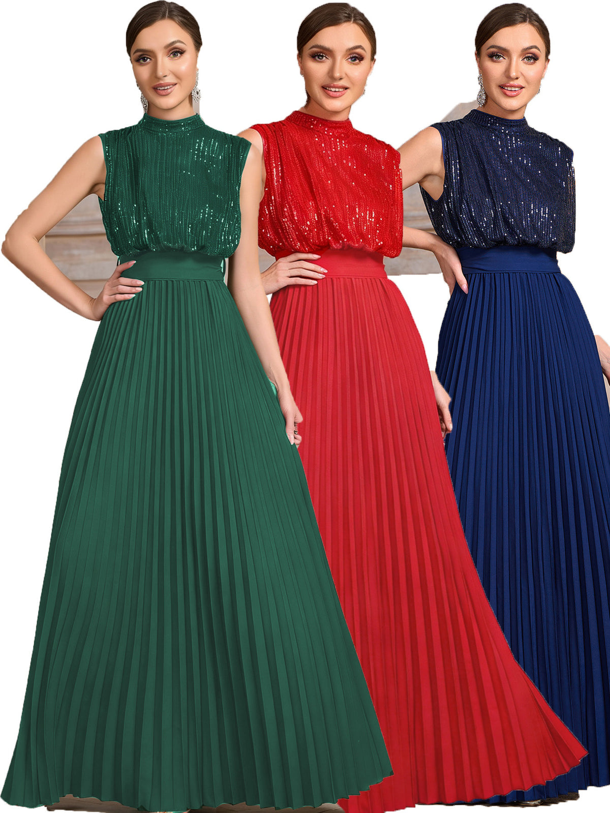Spring and Summer European and American Foreign Trade New Women's Wish Amazon New Sequin Pleated Banquet Dress Party Wedding