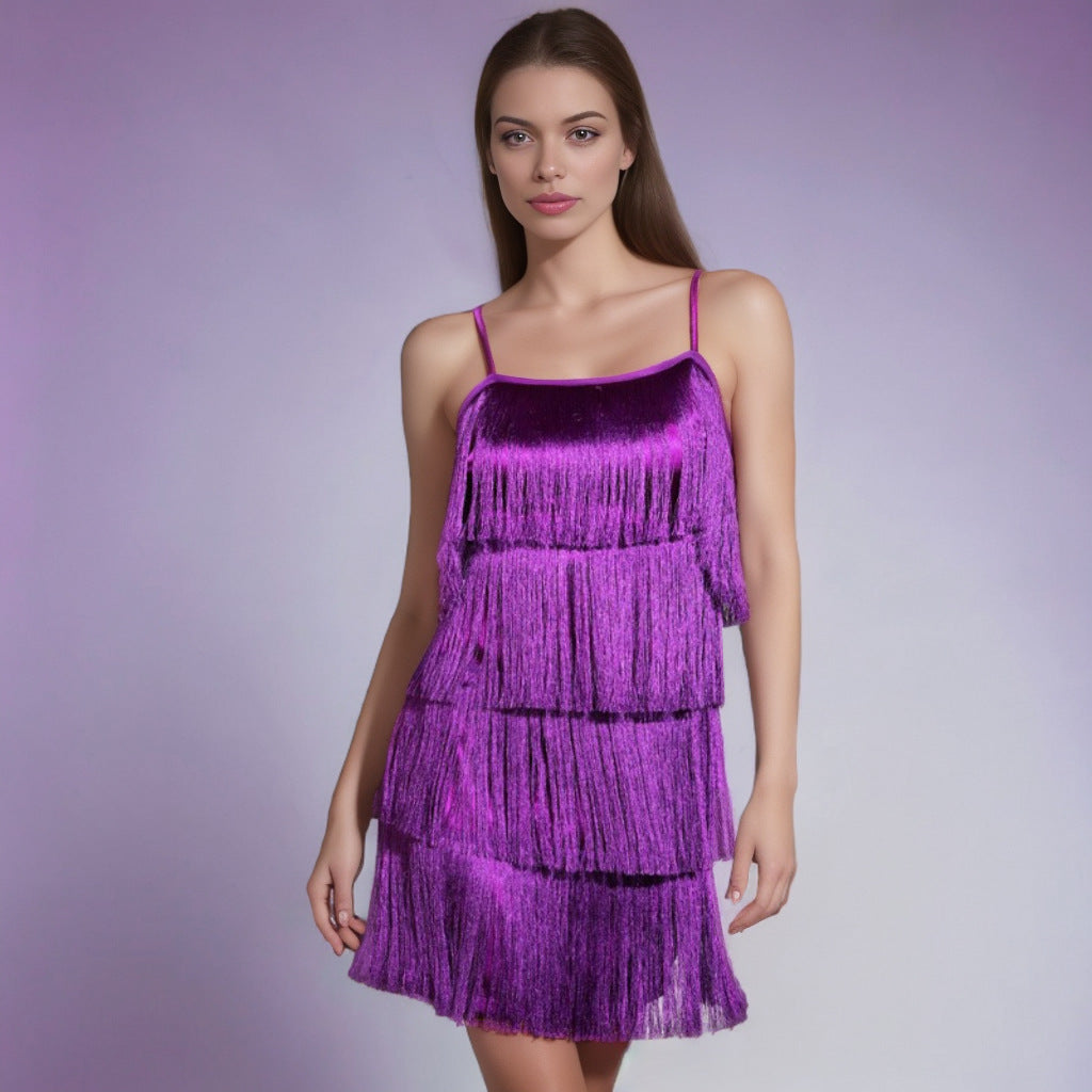 Europe and the United States Amazon foreign trade cross-border solid color tassel sling cocktail party dress party dress short skirt mold dress