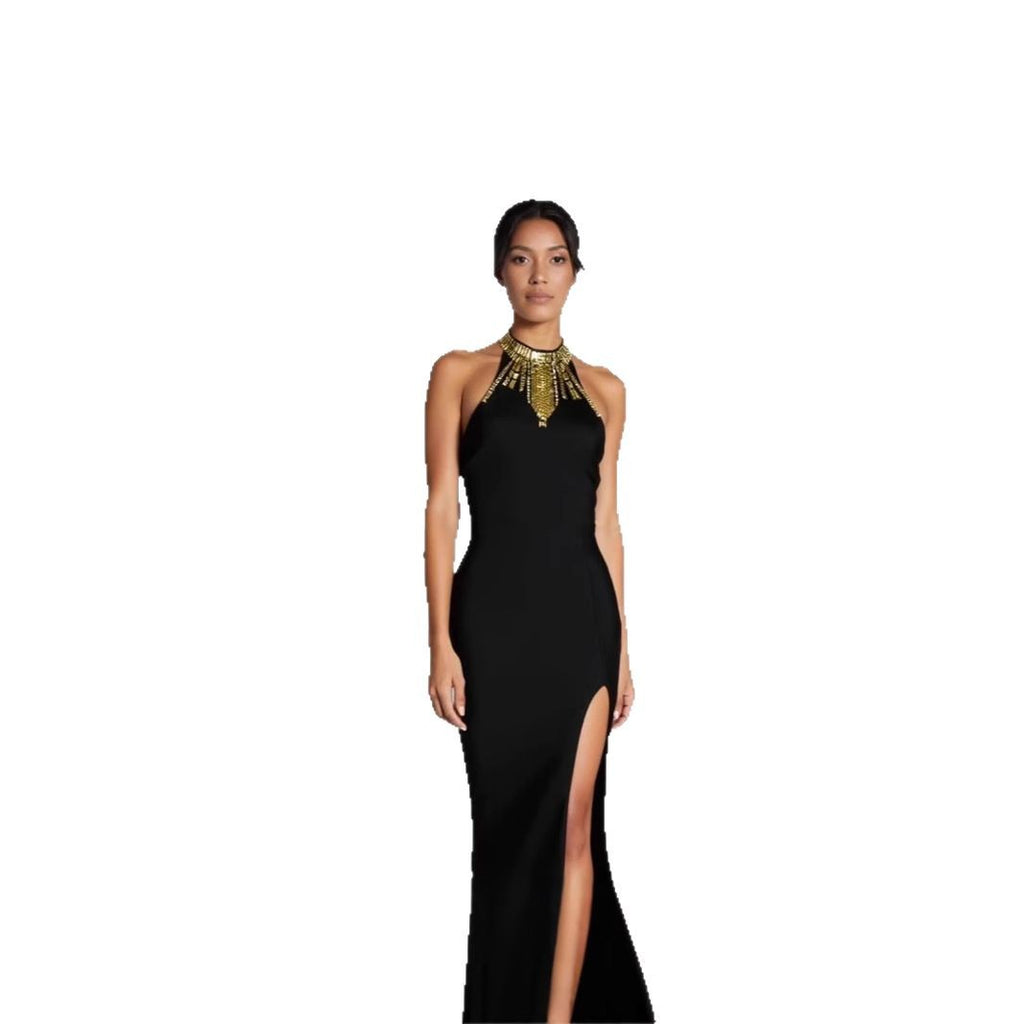 European and American Black Backless Gold Beads Fashion Sexy Party Tight Party Celebrity Long Skirt Bandage Dress Dress for Women