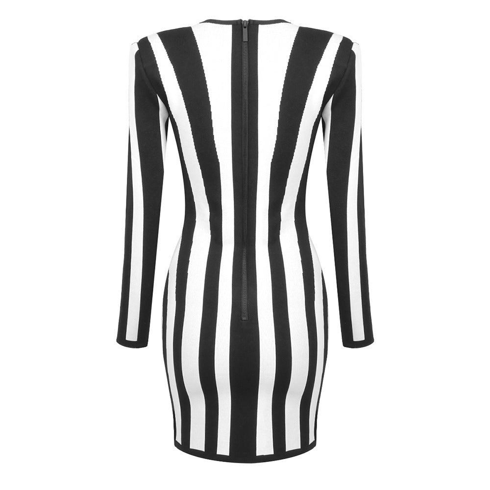 European and American Cross-border New Arrival Black Striped Low-cut Slim-fit Long-sleeved Hip Bandage Dress Elegant Party Party dress