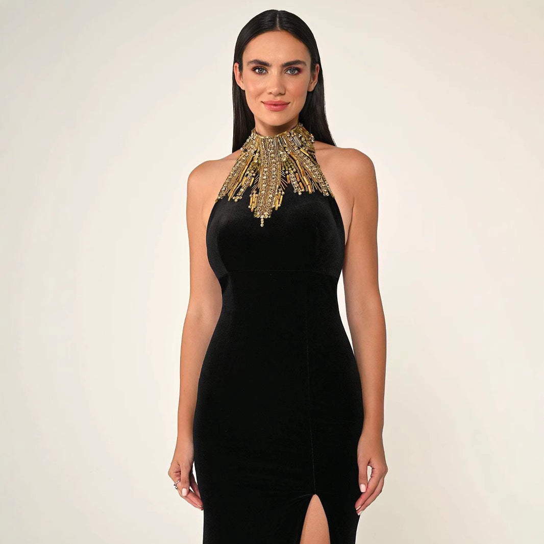 European and American Black Backless Gold Beads Fashion Sexy Party Tight Party Celebrity Long Skirt Bandage Dress Dress for Women