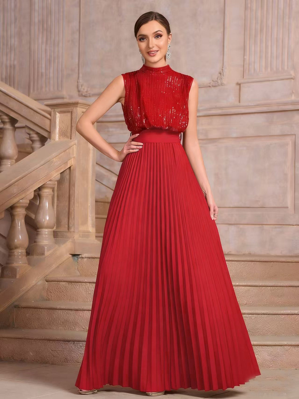 Spring and Summer European and American Foreign Trade New Women's Wish Amazon New Sequin Pleated Banquet Dress Party Wedding
