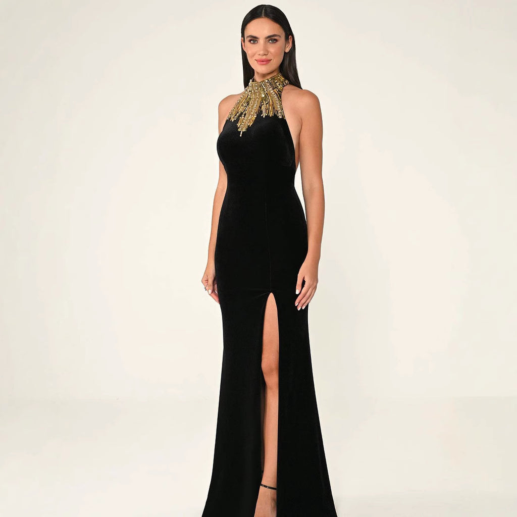 European and American Black Backless Gold Beads Fashion Sexy Party Tight Party Celebrity Long Skirt Bandage Dress Dress for Women