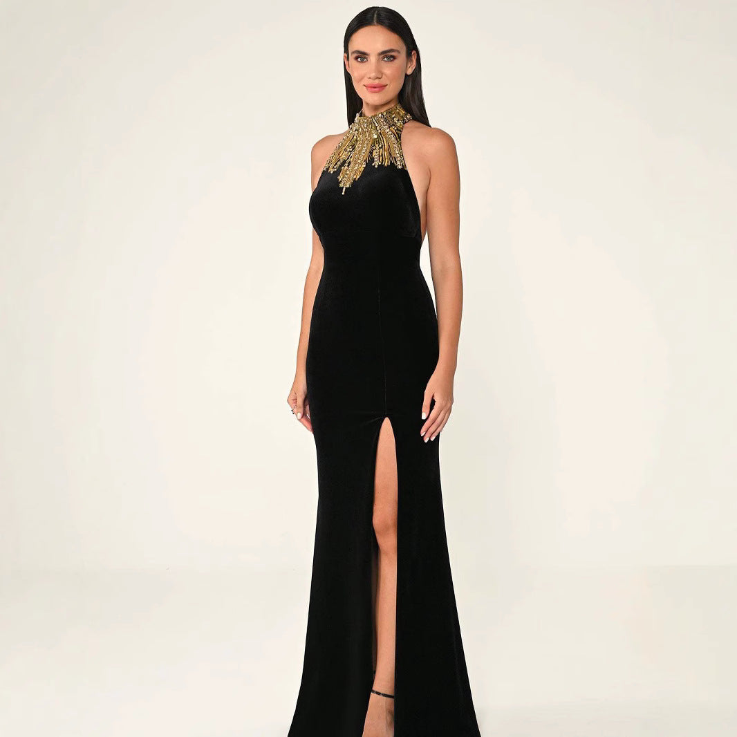 European and American Black Backless Gold Beads Fashion Sexy Party Tight Party Celebrity Long Skirt Bandage Dress Dress for Women