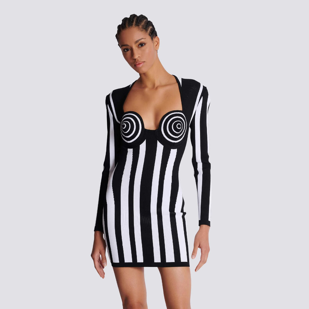 European and American Cross-border New Arrival Black Striped Low-cut Slim-fit Long-sleeved Hip Bandage Dress Elegant Party Party dress
