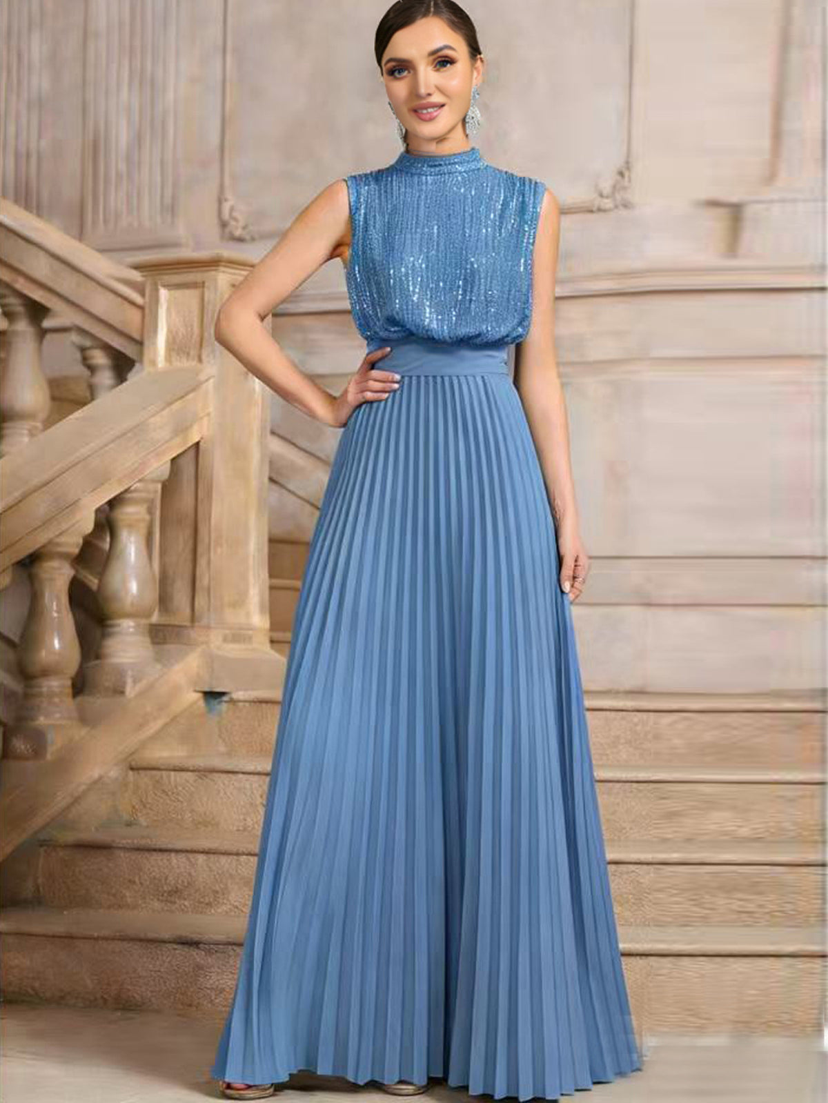 Spring and Summer European and American Foreign Trade New Women's Wish Amazon New Sequin Pleated Banquet Dress Party Wedding