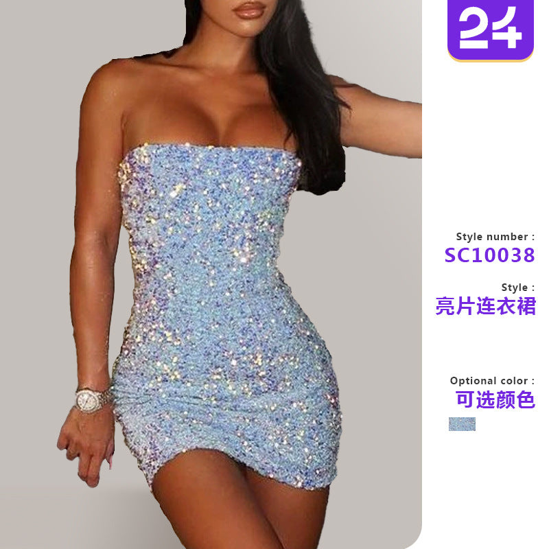 European and American AliExpress INS Sky Blue Sequin Strapless Strapless Strapless Split cocktail party dress party dress short skirt dress
