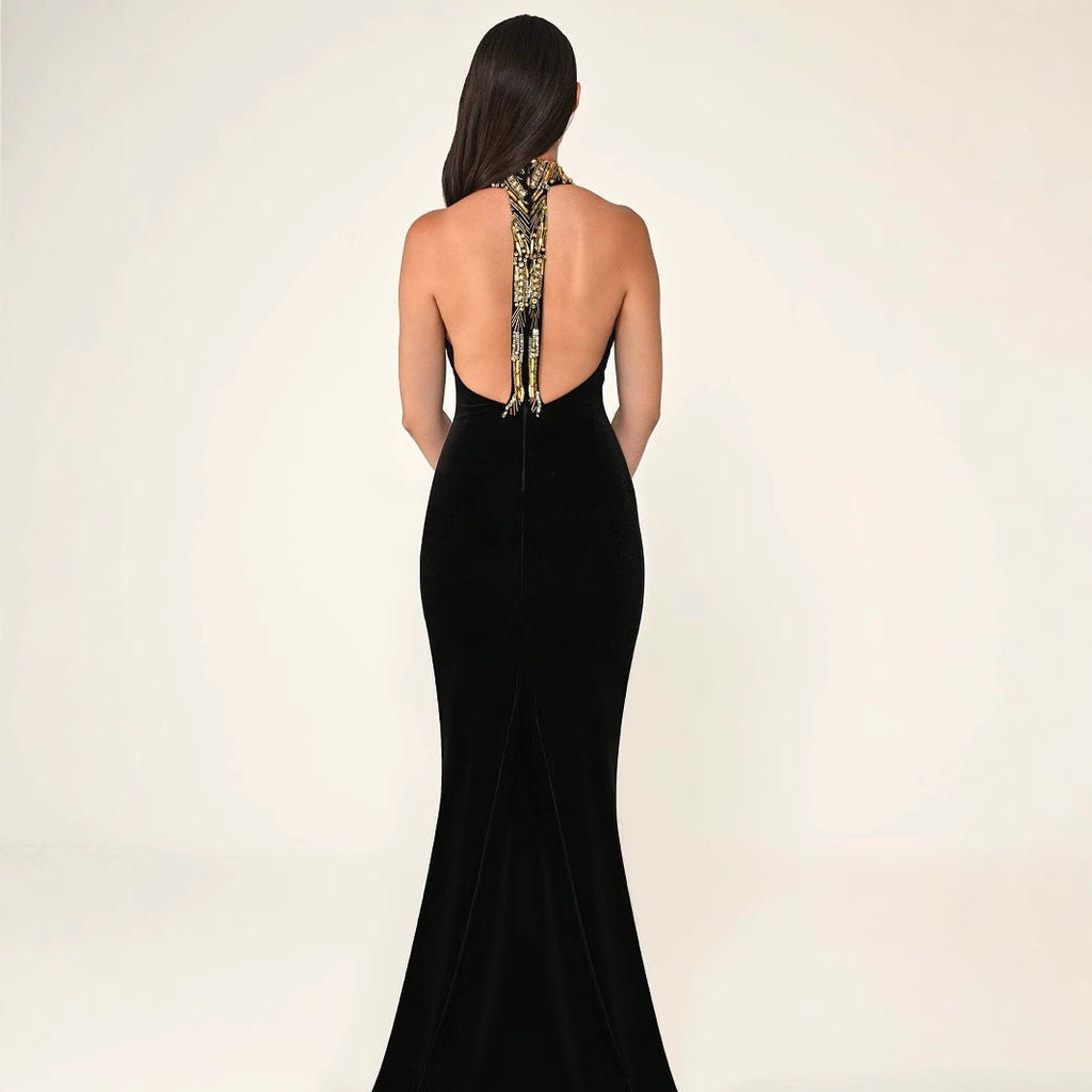 European and American Black Backless Gold Beads Fashion Sexy Party Tight Party Celebrity Long Skirt Bandage Dress Dress for Women