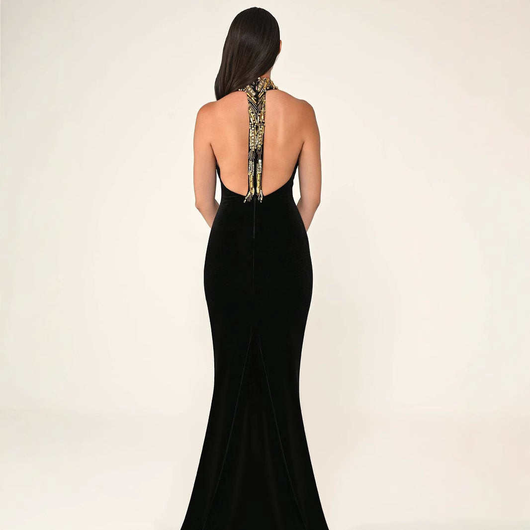 European and American Black Backless Gold Beads Fashion Sexy Party Tight Party Celebrity Long Skirt Bandage Dress Dress for Women