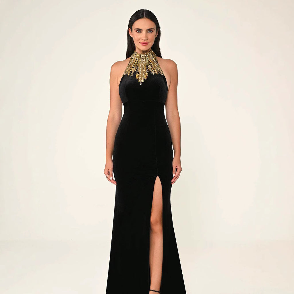 European and American Black Backless Gold Beads Fashion Sexy Party Tight Party Celebrity Long Skirt Bandage Dress Dress for Women