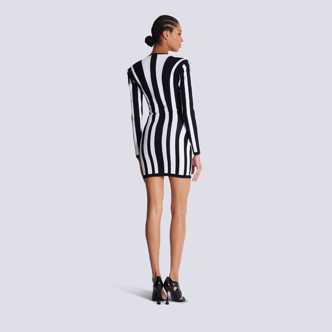 European and American Cross-border New Arrival Black Striped Low-cut Slim-fit Long-sleeved Hip Bandage Dress Elegant Party Party dress
