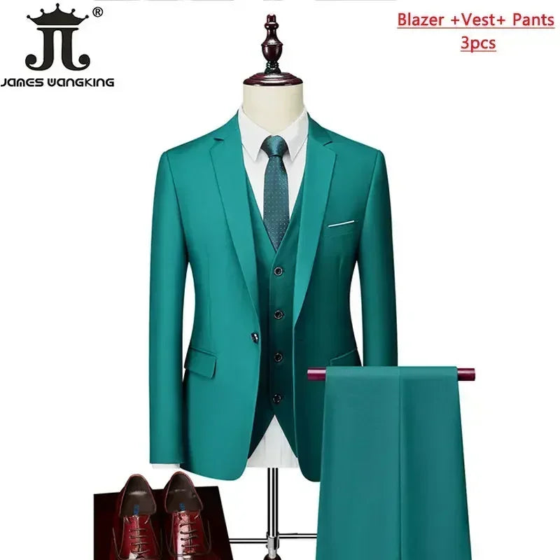 M-6XL ( Jacket+Vest+Pants ) Brand Solid Color Formal Office Business Men's Suit Groom Wedding Dress Party Male Casual Suits