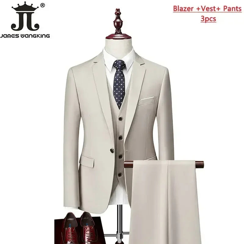 M-6XL ( Jacket+Vest+Pants ) Brand Solid Color Formal Office Business Men's Suit Groom Wedding Dress Party Male Casual Suits
