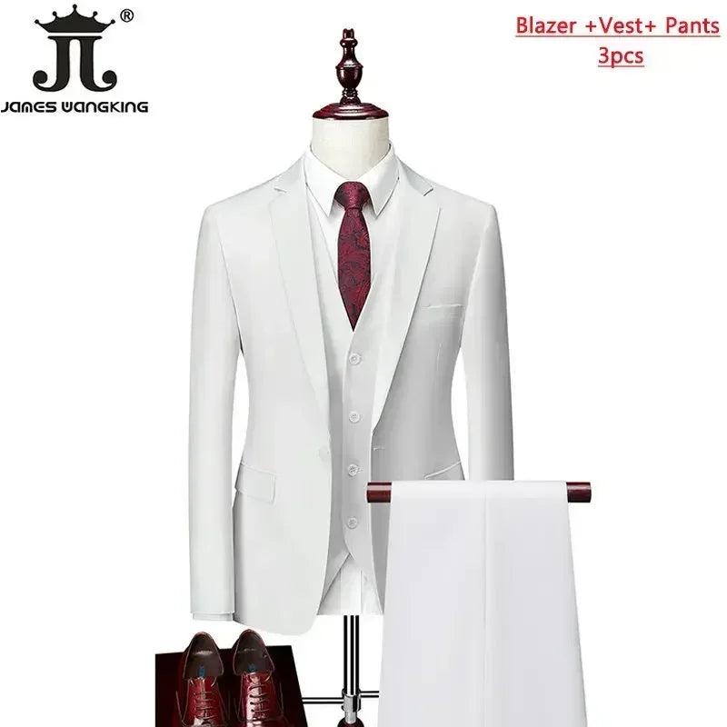 M-6XL ( Jacket+Vest+Pants ) Brand Solid Color Formal Office Business Men's Suit Groom Wedding Dress Party Male Casual Suits