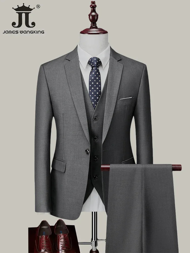 M-6XL ( Jacket+Vest+Pants ) Brand Solid Color Formal Office Business Men's Suit Groom Wedding Dress Party Male Casual Suits