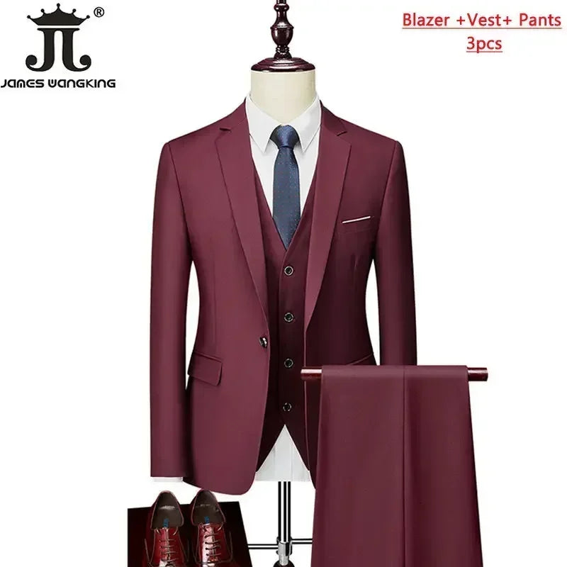 M-6XL ( Jacket+Vest+Pants ) Brand Solid Color Formal Office Business Men's Suit Groom Wedding Dress Party Male Casual Suits