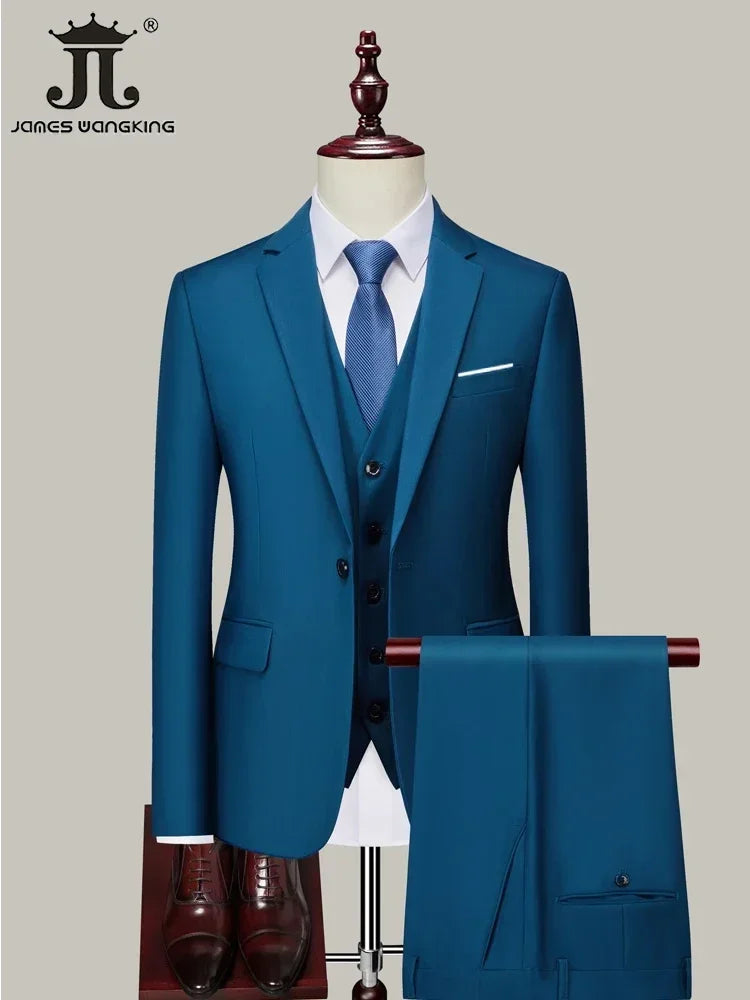 M-6XL ( Jacket+Vest+Pants ) Brand Solid Color Formal Office Business Men's Suit Groom Wedding Dress Party Male Casual Suits