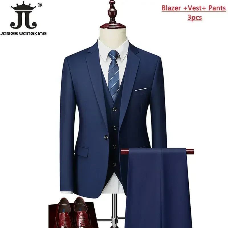 M-6XL ( Jacket+Vest+Pants ) Brand Solid Color Formal Office Business Men's Suit Groom Wedding Dress Party Male Casual Suits