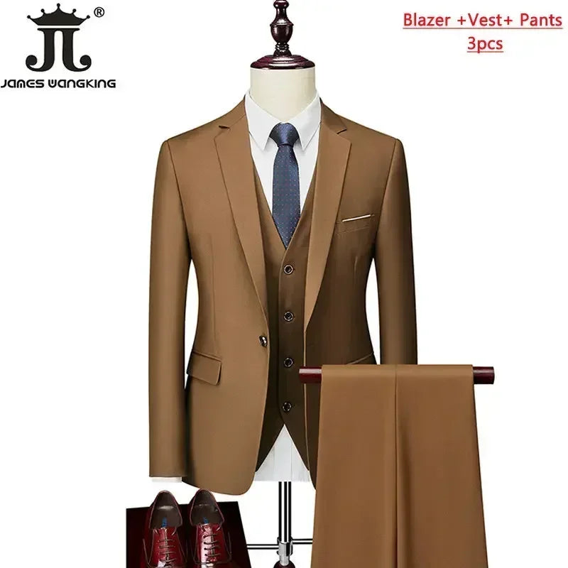 M-6XL ( Jacket+Vest+Pants ) Brand Solid Color Formal Office Business Men's Suit Groom Wedding Dress Party Male Casual Suits