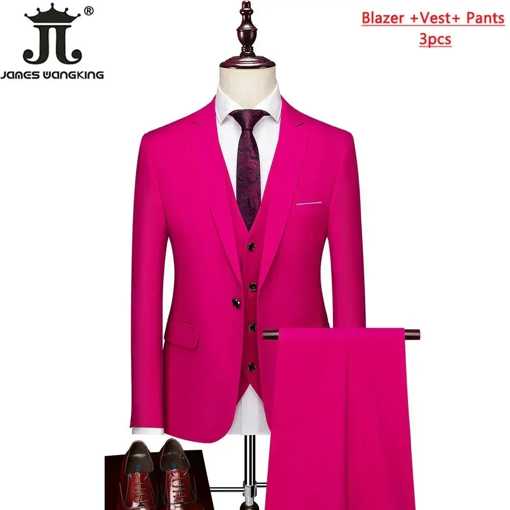 M-6XL ( Jacket+Vest+Pants ) Brand Solid Color Formal Office Business Men's Suit Groom Wedding Dress Party Male Casual Suits