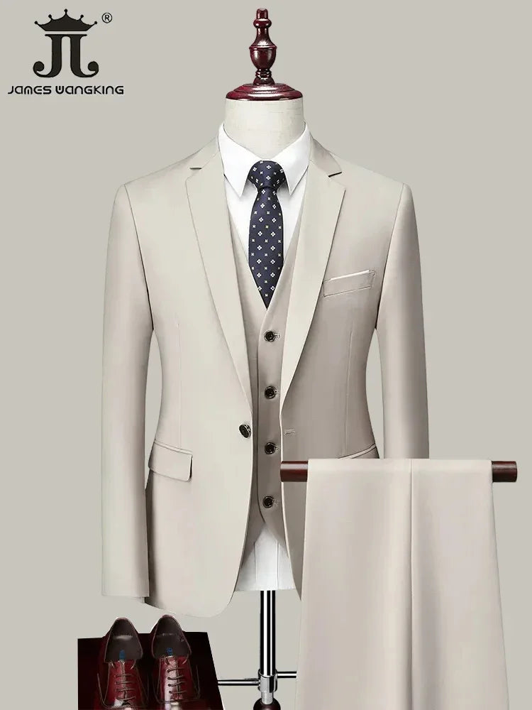 M-6XL ( Jacket+Vest+Pants ) Brand Solid Color Formal Office Business Men's Suit Groom Wedding Dress Party Male Casual Suits