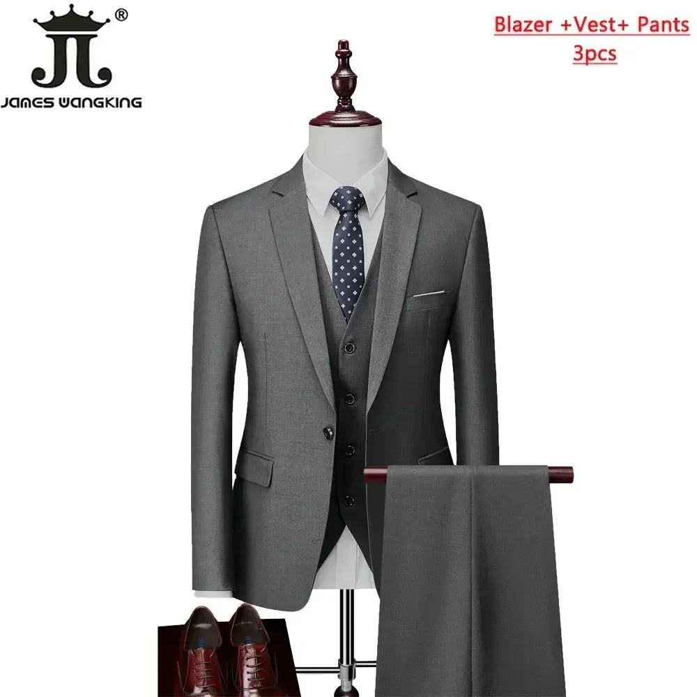 M-6XL ( Jacket+Vest+Pants ) Brand Solid Color Formal Office Business Men's Suit Groom Wedding Dress Party Male Casual Suits