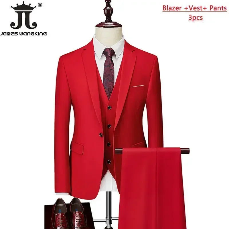 M-6XL ( Jacket+Vest+Pants ) Brand Solid Color Formal Office Business Men's Suit Groom Wedding Dress Party Male Casual Suits