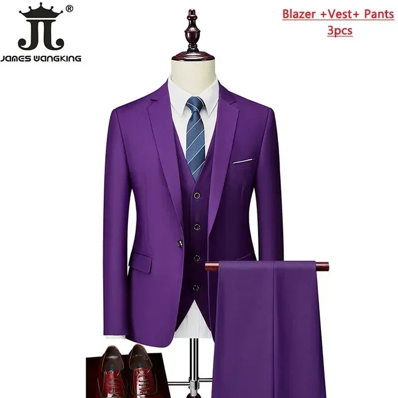 M-6XL ( Jacket+Vest+Pants ) Brand Solid Color Formal Office Business Men's Suit Groom Wedding Dress Party Male Casual Suits
