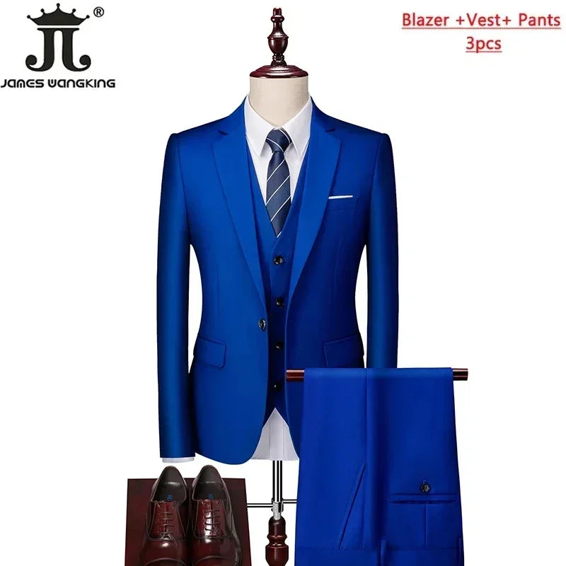 M-6XL ( Jacket+Vest+Pants ) Brand Solid Color Formal Office Business Men's Suit Groom Wedding Dress Party Male Casual Suits