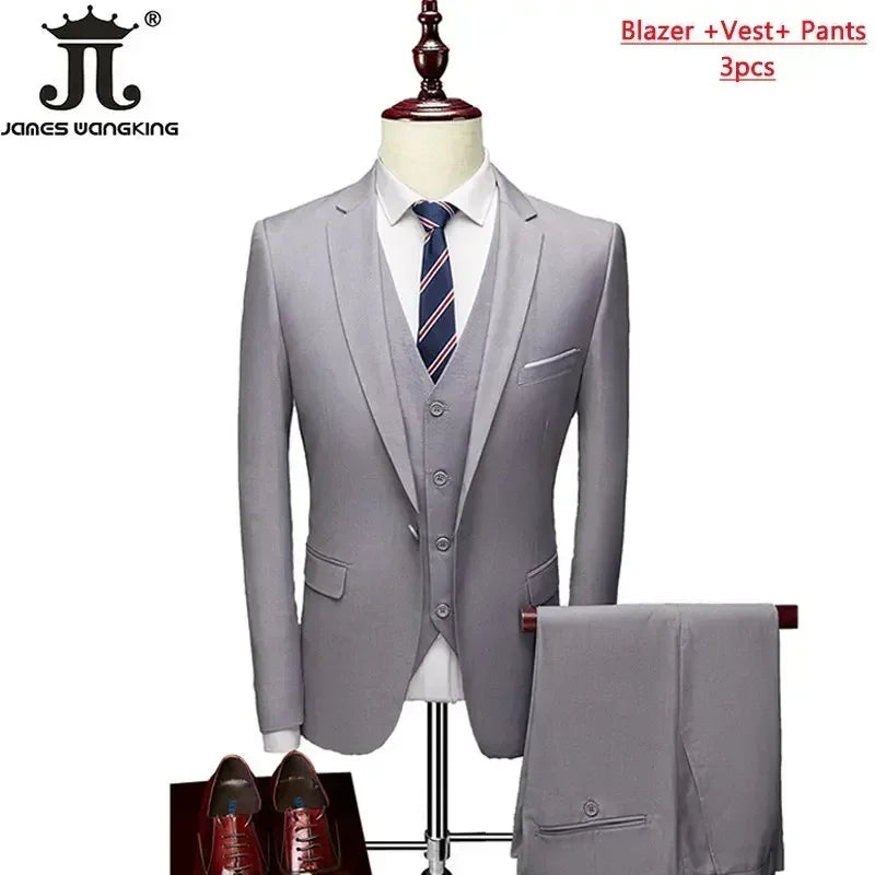 M-6XL ( Jacket+Vest+Pants ) Brand Solid Color Formal Office Business Men's Suit Groom Wedding Dress Party Male Casual Suits