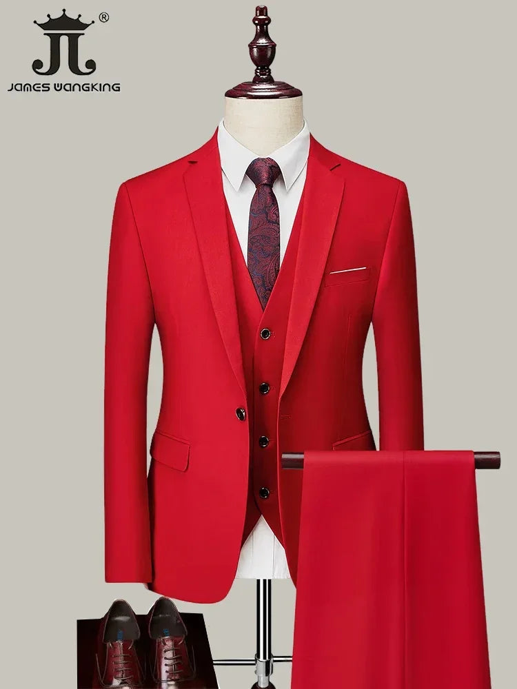 M-6XL ( Jacket+Vest+Pants ) Brand Solid Color Formal Office Business Men's Suit Groom Wedding Dress Party Male Casual Suits
