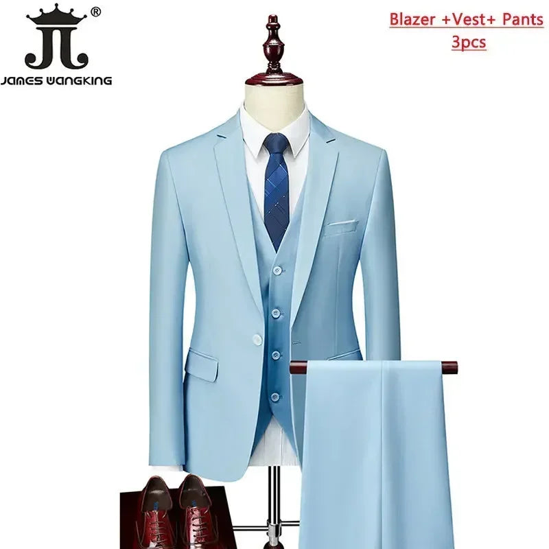 M-6XL ( Jacket+Vest+Pants ) Brand Solid Color Formal Office Business Men's Suit Groom Wedding Dress Party Male Casual Suits