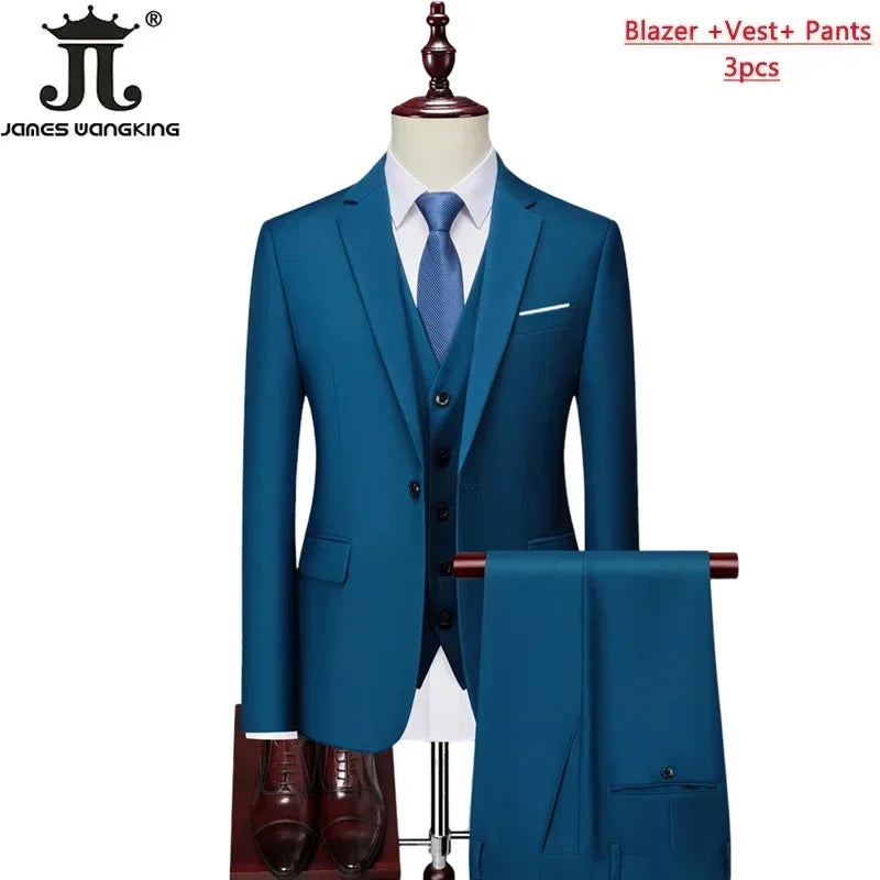 M-6XL ( Jacket+Vest+Pants ) Brand Solid Color Formal Office Business Men's Suit Groom Wedding Dress Party Male Casual Suits