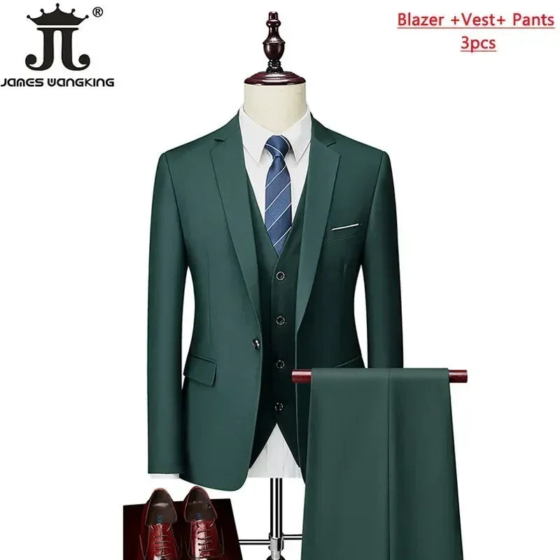 M-6XL ( Jacket+Vest+Pants ) Brand Solid Color Formal Office Business Men's Suit Groom Wedding Dress Party Male Casual Suits